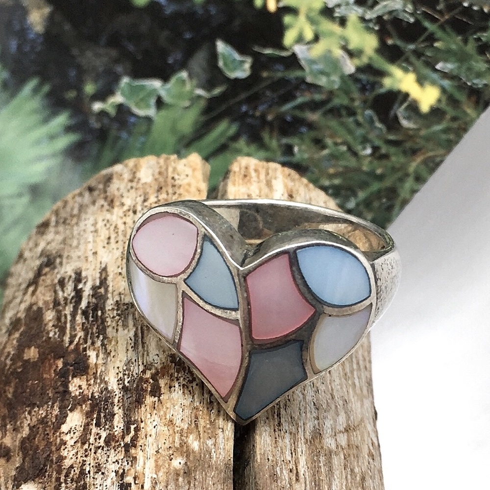Multicolor❤️Inlay Southwest Heart silver Ring. MOP carved heart shape ring sz 10